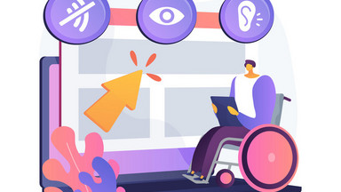 Illustration einer Frau im Rollstuhl. Im Hintergrund sind Ikonografien der Sinnesbehinderungen. Illustration einer Frau im Rollstuhl. Im Hintergrund sind Ikonografien der Sinnesbehinderungen.