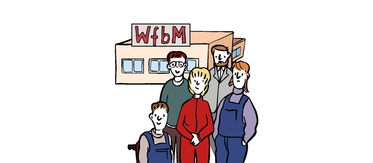 Zeichnung mit Mitarbeiter:innen vor einer WfbM