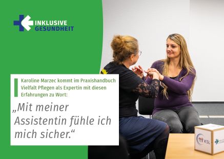 Postkarte: Karoline Marzec kommt im Praxishandbuch Vielfalt Pflegen als Expertin mit diesen Erfahrungen zu Wort: „Mit meiner Assistentin fühle ich mich sicher.“